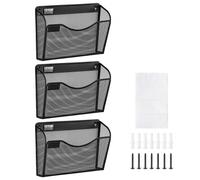 VEVOR Support mural de fichiers, 3 PCs, 1 poche, porte-documents en maille pour magazines, courrier, papier, organisateur mural en métal avec étiquette nominative, pour bureau, maison et école, noir