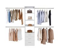 VEVOR Système de placard avec 3 tiroirs, système d'organisation de placard en bois à hauteur réglable, porte-vêtements avec 4 tringles à vêtements rétractables, pour rangement de chambre, blanc