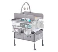 VEVOR Table à langer pour bébé, station à langer pliable avec 2 tiroirs en tissu, panier latéral et tringle, table à langer portable à hauteur réglable avec roulettes verrouillables et 2 jouets en