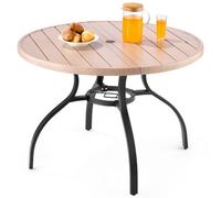 VEVOR Table à manger pour patio extérieur 1035 mm, table de bistrot ronde en acier imitation bois pour 4 personnes, trou pour parasol de 38 mm, grand meuble toutes saisons pour jardin, véranda, gris