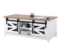 VEVOR Table basse, 1210 x 560 x 481 mm, table de salon rectangulaire, 2 portes de grange coulissantes, table rustique en bois 2 niveaux, étagères amovibles, pour chambre, appartement, blanc et naturel
