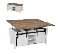 VEVOR Table basse à plateau relevable rectangulaire, 1000 x 500 x 485 mm, table de salon avec porte de grange et compartiment de rangement dissimulé, pour bureau, maison, blanc et marron rustique
