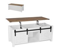 VEVOR Table basse à plateau relevable rectangulaire, 1200 x 500 x 480 mm, table de salon avec porte de grange et compartiment de rangement dissimulé, pour bureau, maison, blanc et marron rustique