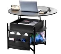 VEVOR Table Basse avec Plateau Relevable, Table de Salon Ronde de 90 cm, Hauteur Réglable, avec Poches de Rangement Supplémentaires, Meuble de Rangement pour Salon, Salle de Séjour, Maison, Noire