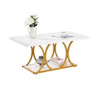 VEVOR Table basse en faux marbre rectangulaire 2 niveaux 100 x 55 cm pieds géométriques métal Blanc