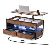 VEVOR Table basse avec plateau relevable, 1000 mm, table basse de salon rectangulaire avec poche de rangement supplémentaire, table basse escamotable avec multiprise, USB, éclairage d'ambiance, marron