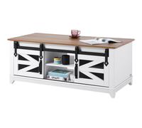 VEVOR Table basse, 1210 x 560 x 481 mm, table de salon rectangulaire, 2 portes de grange coulissantes, table rustique en bois 2 niveaux, étagères amovibles, pour chambre, appartement, blanc et naturel