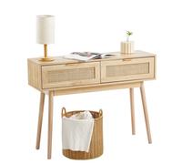 VEVOR Table console en rotin avec 2 tiroirs de rangement, table d'entrée en rotin naturel avec porte coulissante, 1000 x 300 x 745 mm, rangement pour salon, bureau, entrée ou mur TV, couleur du bois