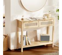 VEVOR Table console en rotin avec 2 tiroirs de rangement, table d'entrée en rotin naturel avec porte coulissante, 1000 x 295 x 815 mm, rangement pour salon, bureau, entrée ou mur TV, couleur du bois