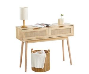 VEVOR Table console en rotin avec 2 tiroirs de rangement, table d'entrée en rotin naturel avec porte coulissante, 1000 x 300 x 745 mm, rangement pour salon, bureau, entrée ou mur TV, couleur du bois