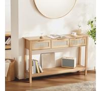 VEVOR Table console en rotin avec 3 tiroirs de rangement, table d'entrée en rotin naturel avec porte coulissante, 1305 x 300 x 815 mm, rangement pour salon, bureau, entrée ou mur TV, couleur du bois