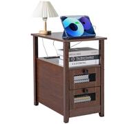 VEVOR Table d'appoint de ferme à 4 niveaux, table de chevet étroite avec ports et prises USB, table d'appoint avec armoire de rangement et 2 tiroirs, idéal pour le salon, la chambre, le bureau, marron