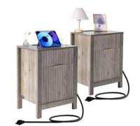 VEVOR Table d'appoint de ferme, lot de 2, table de chevet carrée avec ports et prises USB, table d'appoint à 3 niveaux avec armoire de rangement et 2 tiroirs pour le salon, la chambre, le bureau, gris