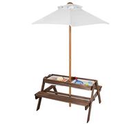 VEVOR Table de Pique-Nique avec Parasol, Ensemble Table et Banc d'extérieur en Bois avec 2 Plateaux, Table Sable et Eau 3 en 1, mobilier de Jardin pour 4 Personnes, pour arrière-Cour et Porche, Noyer