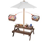 VEVOR Table de pique-nique avec parasol, ensemble table et banc d'extérieur en bois avec 2 plateaux, table sable et eau 3 en 1, mobilier de jardin pour 4 personnes, pour arrière-cour et porche, noyer