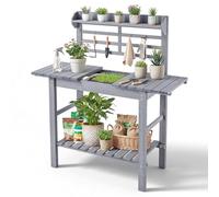 VEVOR Table de Rempotage à 3 Niveaux Table de Jardinage d'Extérieur pour Plantation Terrasse Jardin, avec Étagères de Rangement, Évier, Plateau en Bois Réglable 94 x 46 x 140 cm, Crochets, Gris Classi