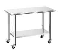 VEVOR Table de Travail Cuisine Professionnelle, Table Centrale Inox 122x61 cm 2 Niveaux, pour Préparation Café Hôtel Restaurant Boulangerie Atelier, Poste de Travail en Acier Inoxydable sur Roulettes