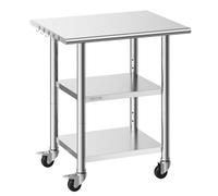 VEVOR Table de Travail Cuisine Professionnelle, Table Centrale Inox 76,2x61 cm, pour Préparation des Aliments CHR Café Hôtel Restaurant, Poste de Travail en Acier Inoxydable 3 Niveaux sur Roulettes