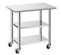 VEVOR Table de Travail Cuisine Professionnelle, Table Centrale Inox 91,5x61 cm, pour Préparation des Aliments CHR Café Hôtel Restaurant, Poste de Travail en Acier Inoxydable 3 Niveaux sur Roulettes