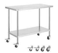 VEVOR Table de Travail en Acier Inoxydable 61 x 122 x 95,5 cm, Table de Préparation des Aliments avec 4 Roulettes, 3 Niveaux de Hauteur Réglables, Meuble de Rangement, pour Restaurant Maison Bar