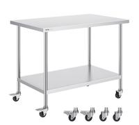 VEVOR Table de Travail en Acier Inoxydable 76,2 x 121,9 x 95,5 cm, Table de Préparation des Aliments avec 4 roulettes, 3 Niveaux de Hauteur Réglables, Meuble de Rangement, pour Restaurant Maison Bar