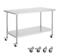 VEVOR Table de Travail en Acier Inoxydable 76,2x152,4x95,5 cm, Table de Préparation des Aliments avec Roulettes, 3 Niveaux de Hauteur Réglables, Meuble de Rangement, pour Restaurant Maison Bar