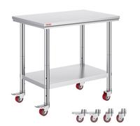 VEVOR Table de Travail en Acier Inoxydable 90 x 60 x 85 cm, Table de Préparation des Aliments Capacité de Charge Totale 204 kg, 4 Roues, 3 Niveaux de Hauteur Réglables, Cuisine Commerciale Restaurant