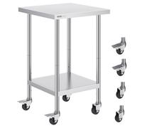 VEVOR Table de Travail Inox 61 x 61 x 95,5 cm, Table de Préparation des Aliments Charge 317,5 kg avec 4 Roulettes, 3 Niveaux de Hauteur Réglables, Meuble de Rangement, pour Cuisine Restaurant Maison