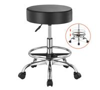 VEVOR Tabouret à roulettes avec repose-pieds, capacité de poids 204 kg, rond tabouret roulant, hauteur réglable, chaise pivotante en cuir PU épais, pour salon, spa, massage, tatouage, clinique, noir