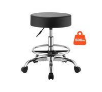VEVOR Tabouret à Roulettes avec Repose-pieds, Charge 226,8 kg, Hauteur Réglable, Tabouret de Travail Rond Pivotant à 360°, Assise en Cuir PU, Rembourrage Épais, pour Coiffeur, Clinique, Salon, Noir