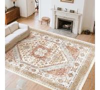 VEVOR Tapis Salon, 2,4 x 3 m, Grand Tapis Chambre Lavable et Antidérapant, Poils Courts et Denses, Résistant aux Griffures Animaux, Doux, Style Vintage, pour Chambre, Bureau, Entrée, Marron et Rouge