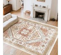 VEVOR Tapis Salon, 2,4 x 3 m, Grand Tapis Chambre Lavable et Antidérapant, Poils Courts et Denses, Résistant aux Griffures Animaux, Doux, Style Vintage, pour Chambre, Bureau, Entrée, Marron et Rouge