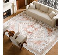 VEVOR Tapis Salon, 2,7x3,7 m, Grand Tapis Chambre Lavable et Antidérapant, Poils Courts et Denses, Résistant aux Griffures Animaux, Doux, Style Vintage, pour Chambre, Bureau, Entrée, Marron et Rouge