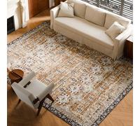 VEVOR Tapis Salon, 2,7x3,7 m, Grand Tapis Chambre Lavable et Antidérapant, Poils Courts et Denses, Résistant aux Griffures Animaux, Doux, Style Vintage, pour Chambre, Bureau, Entrée, Marron et Vert