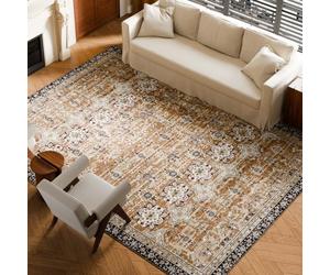VEVOR Tapis Salon, 2,7x3,7 m, Grand Tapis Chambre Lavable et Antidérapant, Poils Courts et Denses, Résistant aux Griffures Animaux, Doux, Style Vintage, pour Chambre, Bureau, Entrée, Marron et Vert