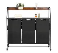 VEVOR Trieur de Linge 2 Niveaux, Panier à Linge sur Roulettes 3 Compartiments, avec Cadre en Métal, Plateau en Bois, Étagère et Sacs en Tissu Oxford 600D, pour Vêtements Sales, Buanderie Blanchisserie
