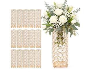VEVOR Vase de Mariage Métal Lot de 16 Vase de Centre de Table Hauteur 26 cm Support Cylindrique pour Compositions Florales, Banquets de Fêtes Mariage, Décoration Intérieure, avec Perles Cristal, Doré