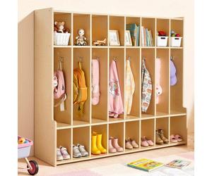 VEVOR Vestiaire 8 Enfants Ouvert, Penderie pour Enfants en Bois, Rangement pour Crèche Maternelle Garderie Maison, Meuble d'Accueil Scolaire avec Casiers à Manteaux et à Chaussures, Cases Supérieures
