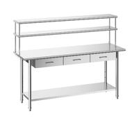 VEVOR Table de Travail Cuisine Professionnelle, Poste de Travail en INOX 182,9x61 cm, pour Préparation Café Hôtel Restaurant Atelier, avec Étagère Supérieure 3 Tiroirs, Étagère Inférieure Réglable