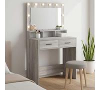 Vevorizon Coiffeuse en bois Sonoma gris 79 x 41 x 135 cm avec éclairage LED, 2 tiroirs, espace de rangement, miroir de maquillage et tabouret pour chambre à coucher, chambre d'adolescent, dressing et