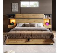 VEVXYN lit double adulte, lit coffre 180 x 200 avec rangement et USB Type C, MDF métal décor chêne style industriel noir