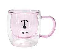 VGEBY Tasse à Eau Tasse en Verre en Forme d'ours en Verre à Double Paroi à Haute Teneur en Borosilicate 250 Ml avec Poignée Isolée Résistante à la Chaleur pour le thé, le café et le Lait à la (PINK)