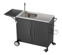 VHV Desserte Jardin Chariot de Barbecue avec Plateau en Acier Inoxydable, Tablette Rabattable, Crochets et Housse fournie, Rangement en métal, desserte extérieur à roulettes 129x46x90cm (Noir)