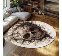 Via Vela Tapis Rond crâne Baroque Chambre 100cm 3D Floral Vintage Squelette Grand Tapis Circulaire Encre Noir Blanc Tatouage esthétique antidérapant Lavable Doux carpette déco Maison