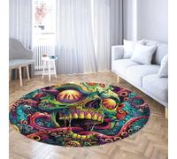 Via Vela Tapis Rond crâne Graffiti Chambre 160cm 3D Squelette coloré psychédélique Grand Tapis Circulaire Abstrait Effrayant antidérapant Lavable Doux carpette Chambre ado Studio Skate loft