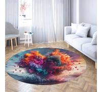 Via Vela Tapis Rond cœur Abstrait Chambre Fille 150cm 3D éclaboussure Poudre colorée Grand Tapis Circulaire Romantique Saint-Valentin esthétique Lavable Machine Pliable carpette Coiffeuse Balcon