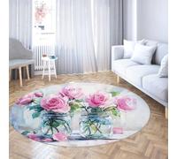 Via Vela Tapis Rond Rose Vintage 150cm 3D Peinture Huile Fleur Bouteilles Verre Tapis Circulaire antidérapant Caoutchouc Fin Faible épaisseur carpette Bureau Maison Coin Lecture entrée