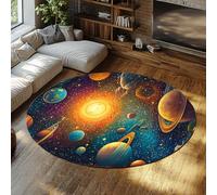 Via Vela Tapis Ronds Galaxie Spatiale 180cm Système Solaire planètes Soleil carpette Machine Lavable antidérapant Grand Fin Pliable à Poil Bas Resistant aux Taches pour Salle de Jeux Chambre Enfants
