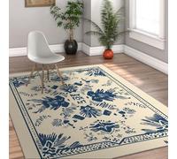 Via Vela Vintage Marine Bleu Art Populaire Fleur carpette 80x150cm rétro botanique Fleur Plante Silhouette Fin Pliable à Poil Bas Lavable Grande pièce antidérapant bibliothèque Chambre Enfant Tapis