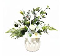 Viahsen Décoration Végétale Artificielle Bouquet Faux Plantes Composition Florale Vase Contemporain Effet Naturel Entretien Minimal en Soie et Verre Adaptée à, Blanc, Vert
